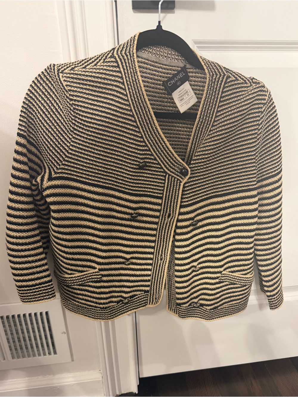 CHANEL 2015 Black Tan Striped Knit Cardigan Jacket FR 42